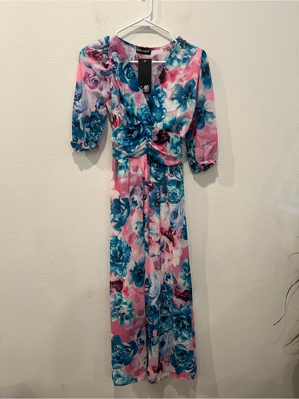Pink & Teal Floral Wrap Maxi Dress